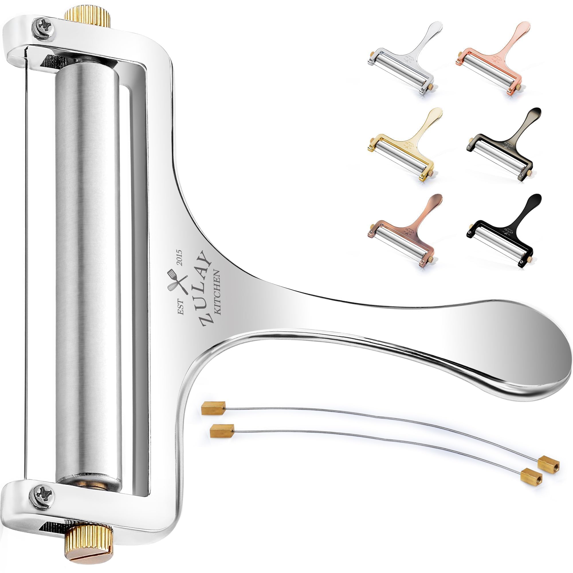 Zulay Kitchen stainless steel wire cheese slicer roller enables precise, even slices.