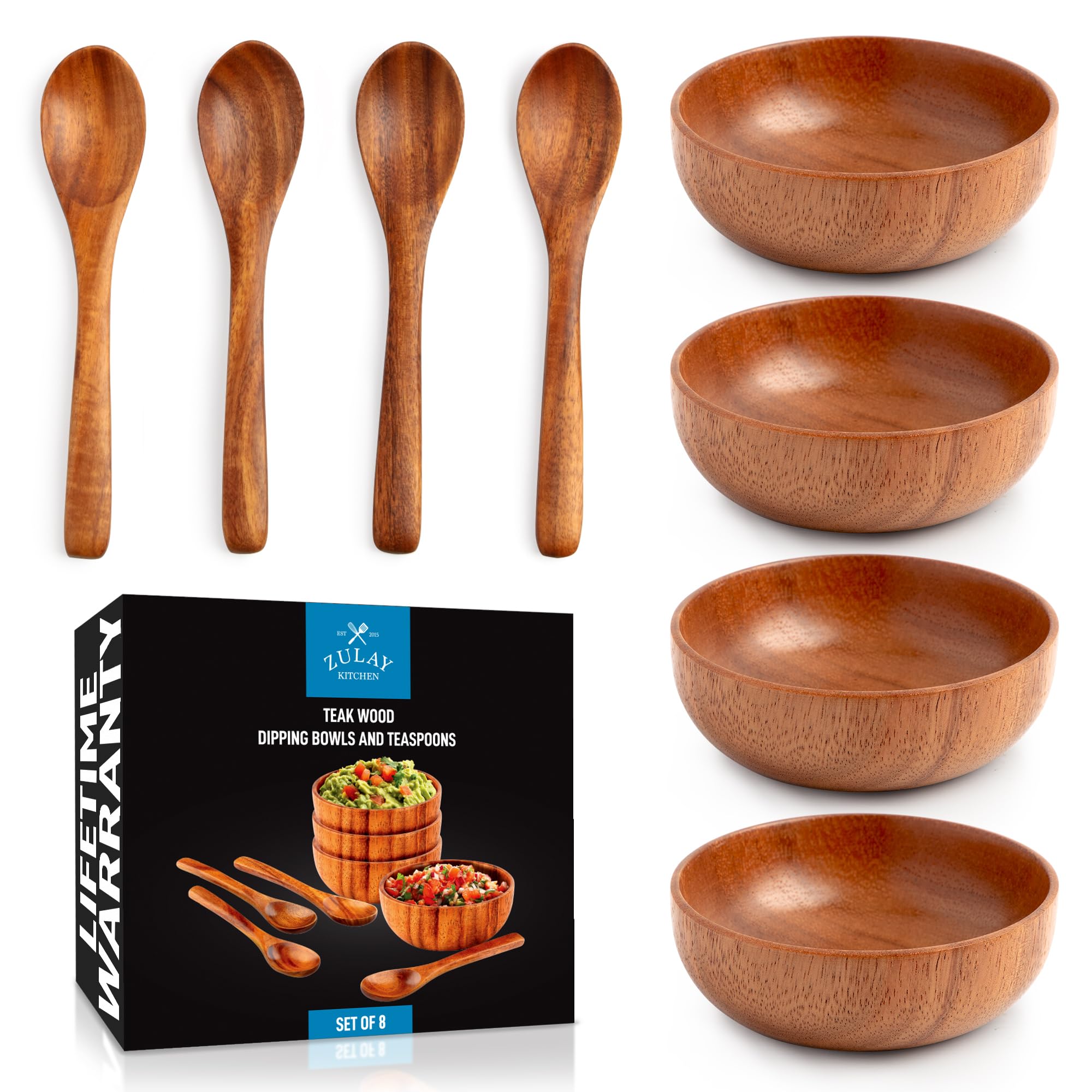 Zulay Kitchen teak dipping bowls with spoons show natural grain for sauces and appetizers.