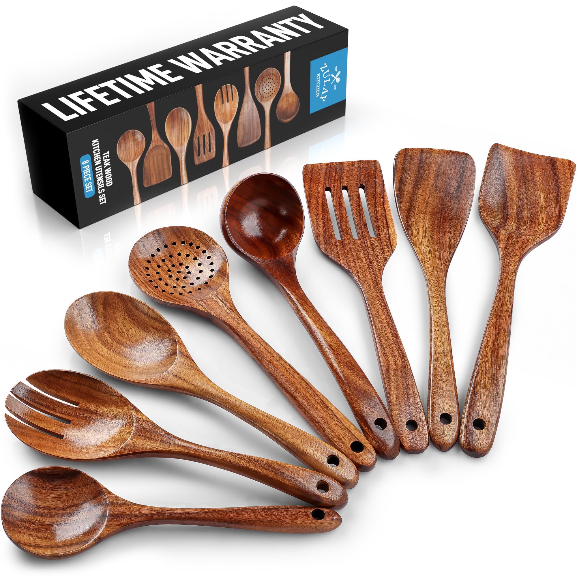 Zulay Kitchen teak salad spoon with smooth finish for gentle mixing on nonstick cookware.