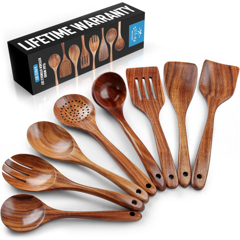 Zulay Kitchen teak salad spoon with smooth finish for gentle mixing on nonstick cookware.