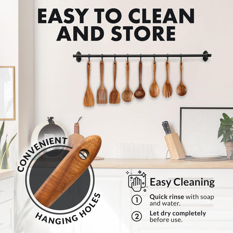 Zulay Kitchen teak slotted turner drains liquids while cooking.