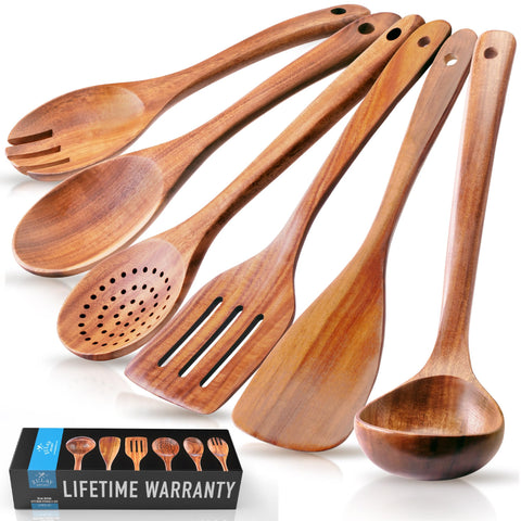 Zulay Kitchen teak-spoons-collection shows durable wood ideal for mixing and serving.