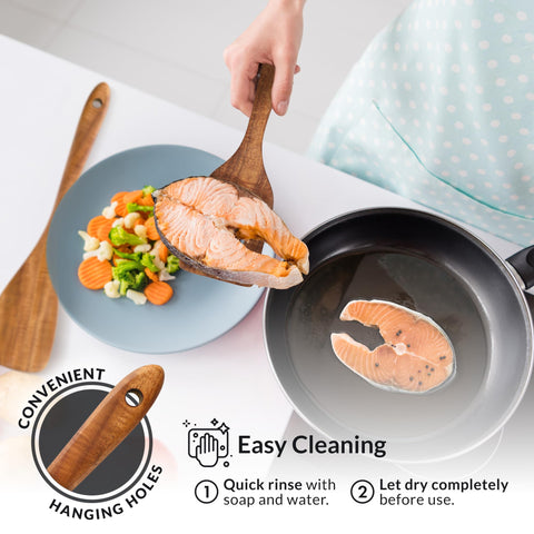 Zulay Kitchen turner in teak demonstrates scratch-free cooking.