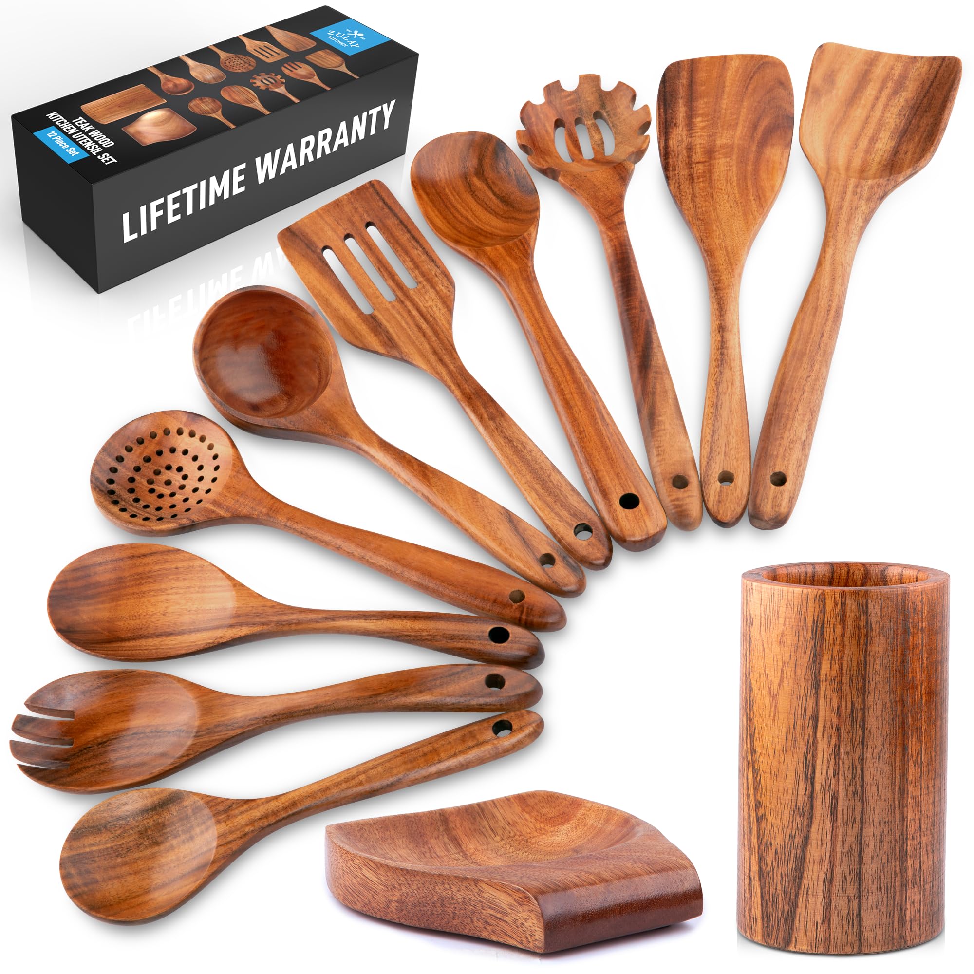 Zulay Kitchen 12-piece teak utensils set on display for durable cooking.