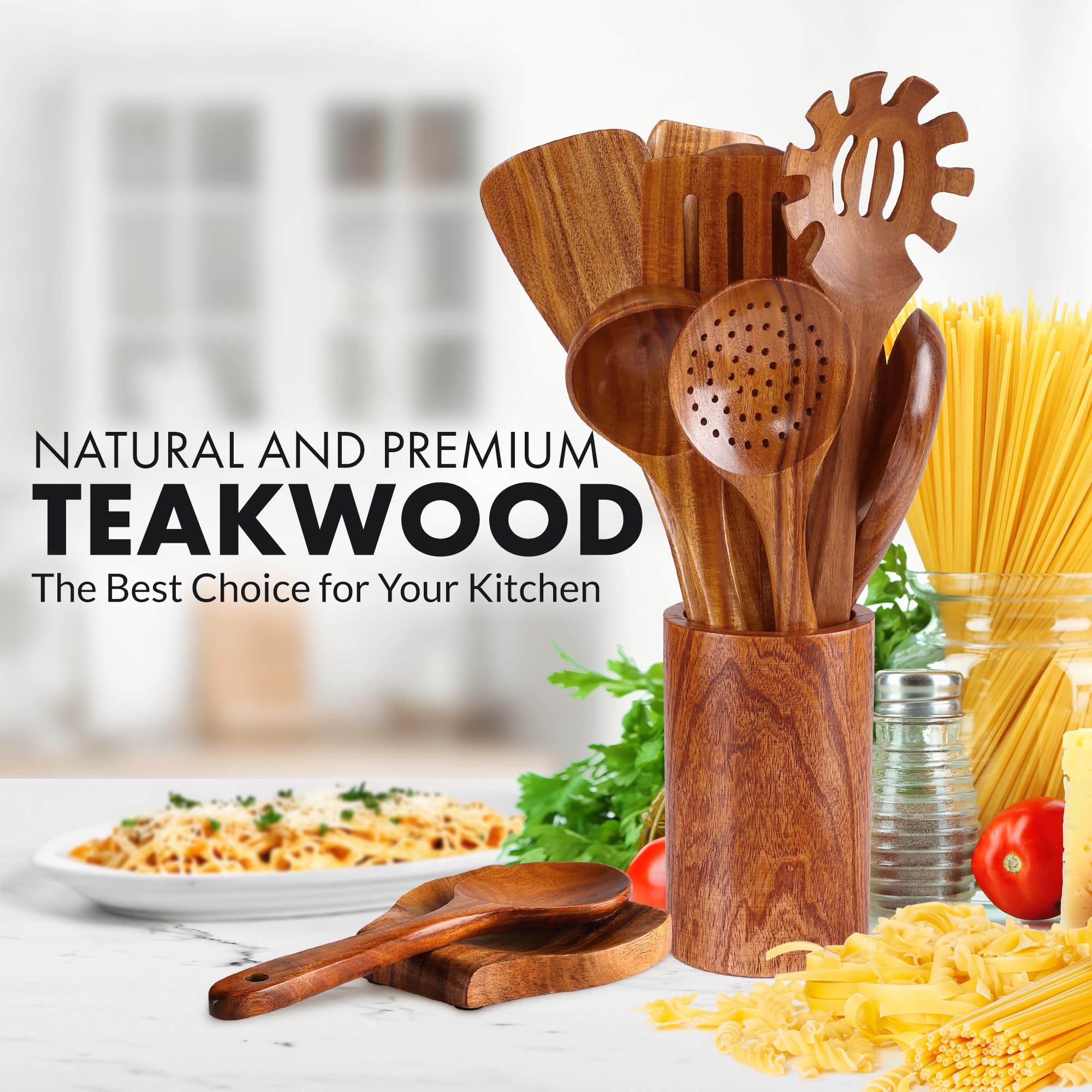 Zulay Kitchen teak salad spoon shown with nonstick-friendly design.