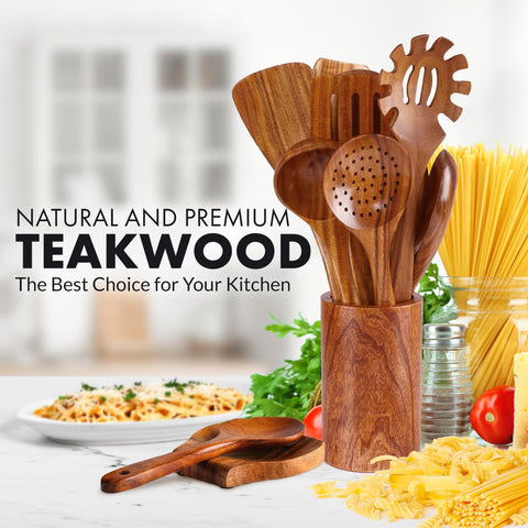Zulay Kitchen teak salad spoon shown with nonstick-friendly design.