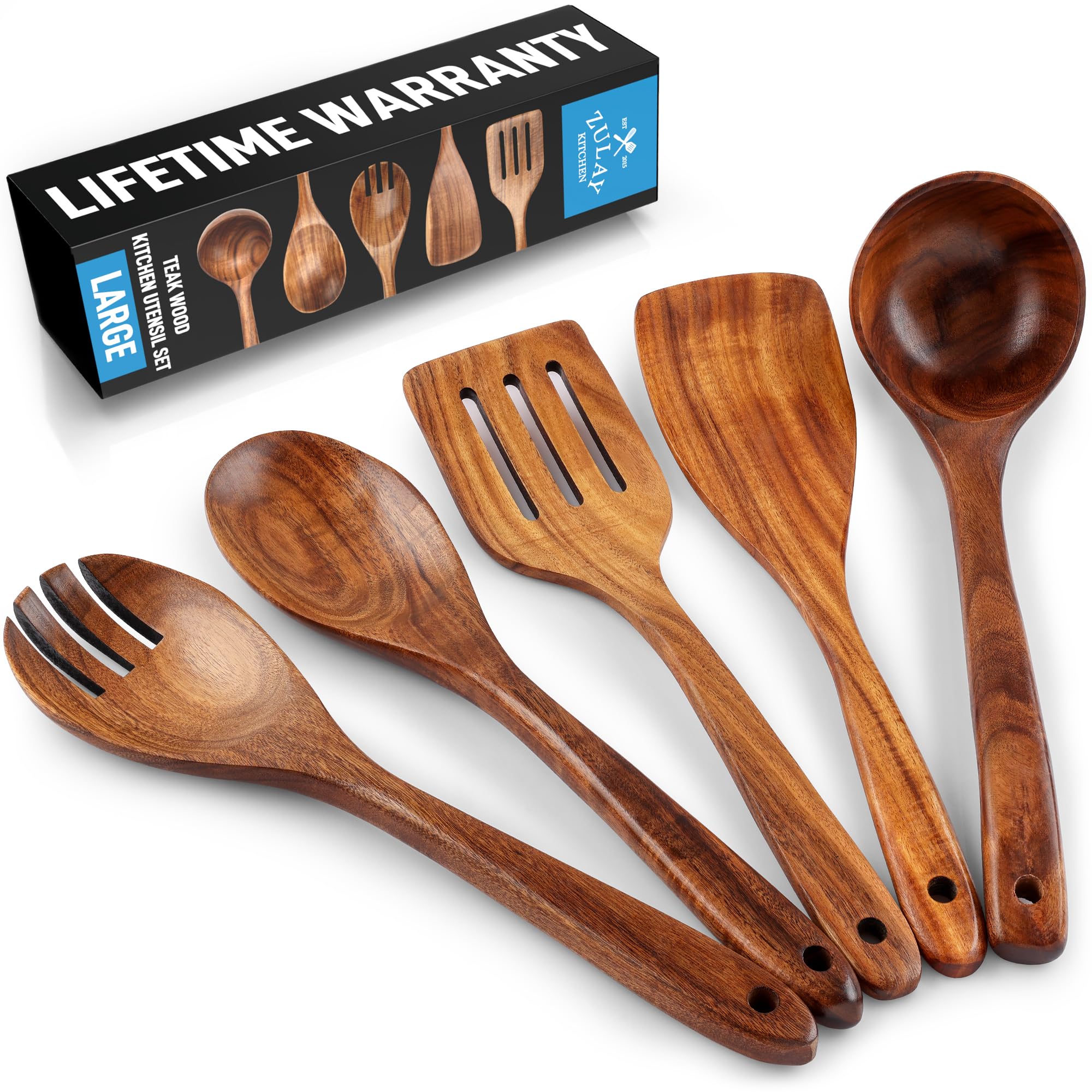 Zulay Kitchen teak utensils set in packaging for easy storage and gifting.