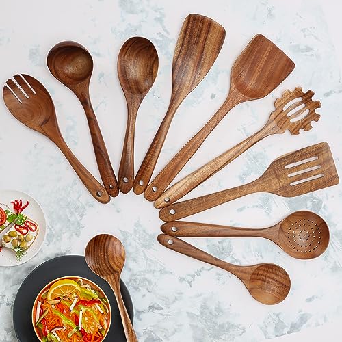 Zulay Kitchen teak slotted turner framed by kitchen tools