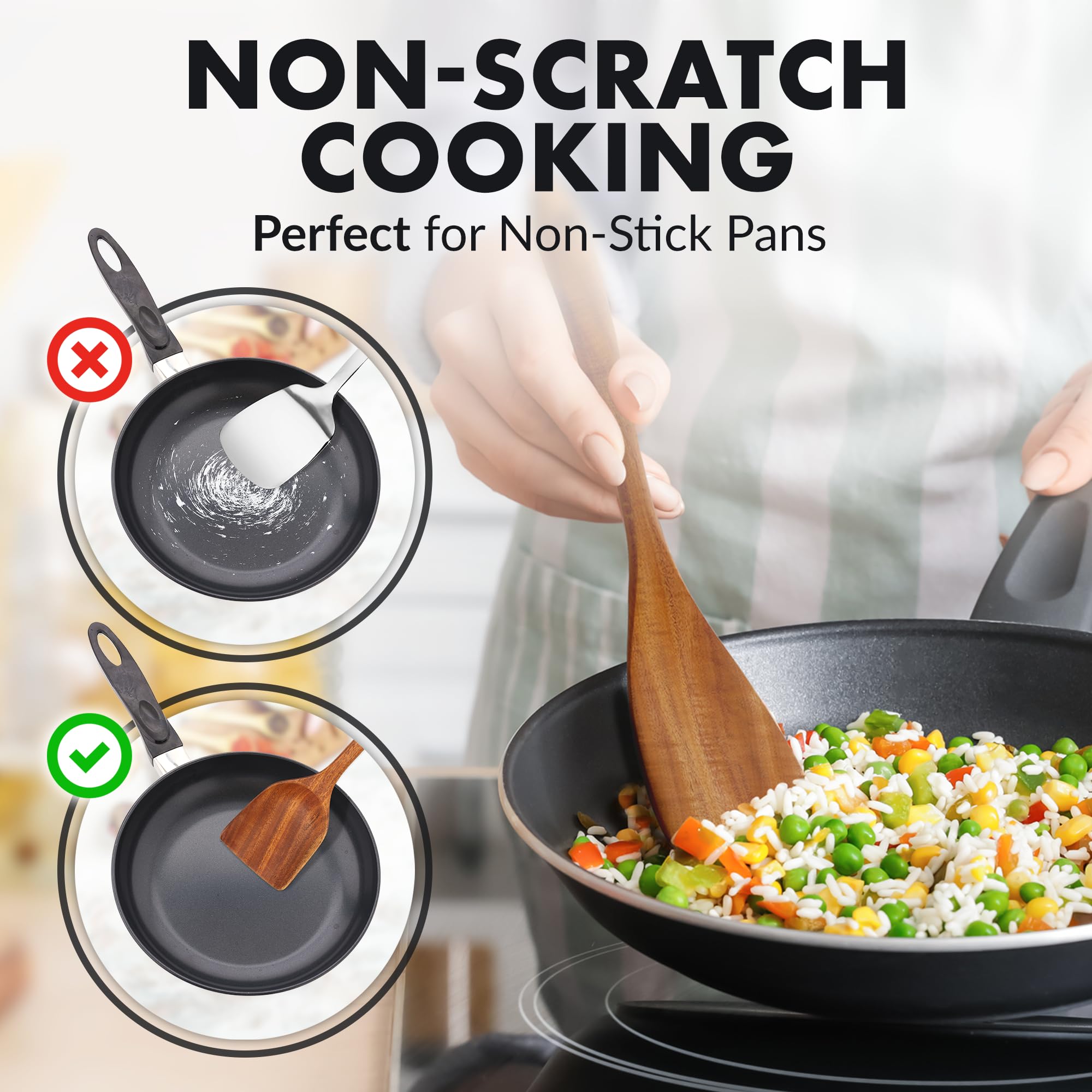Zulay Kitchen teak spatula with smooth edge for safe flipping.