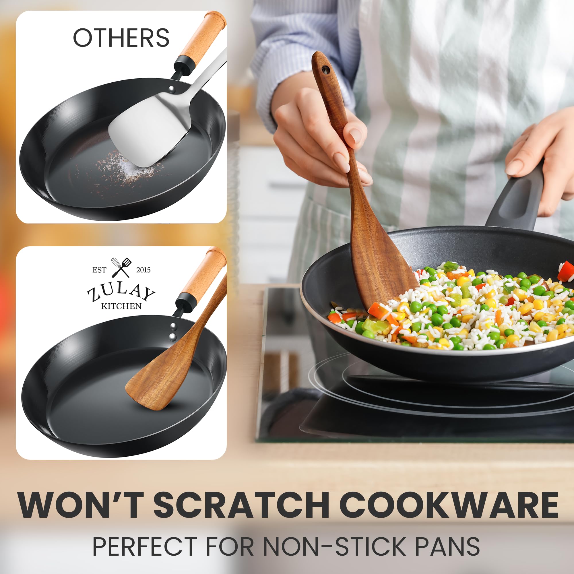 Teak wood care tips for Zulay Kitchen pieces: warm soap wash and dryness.