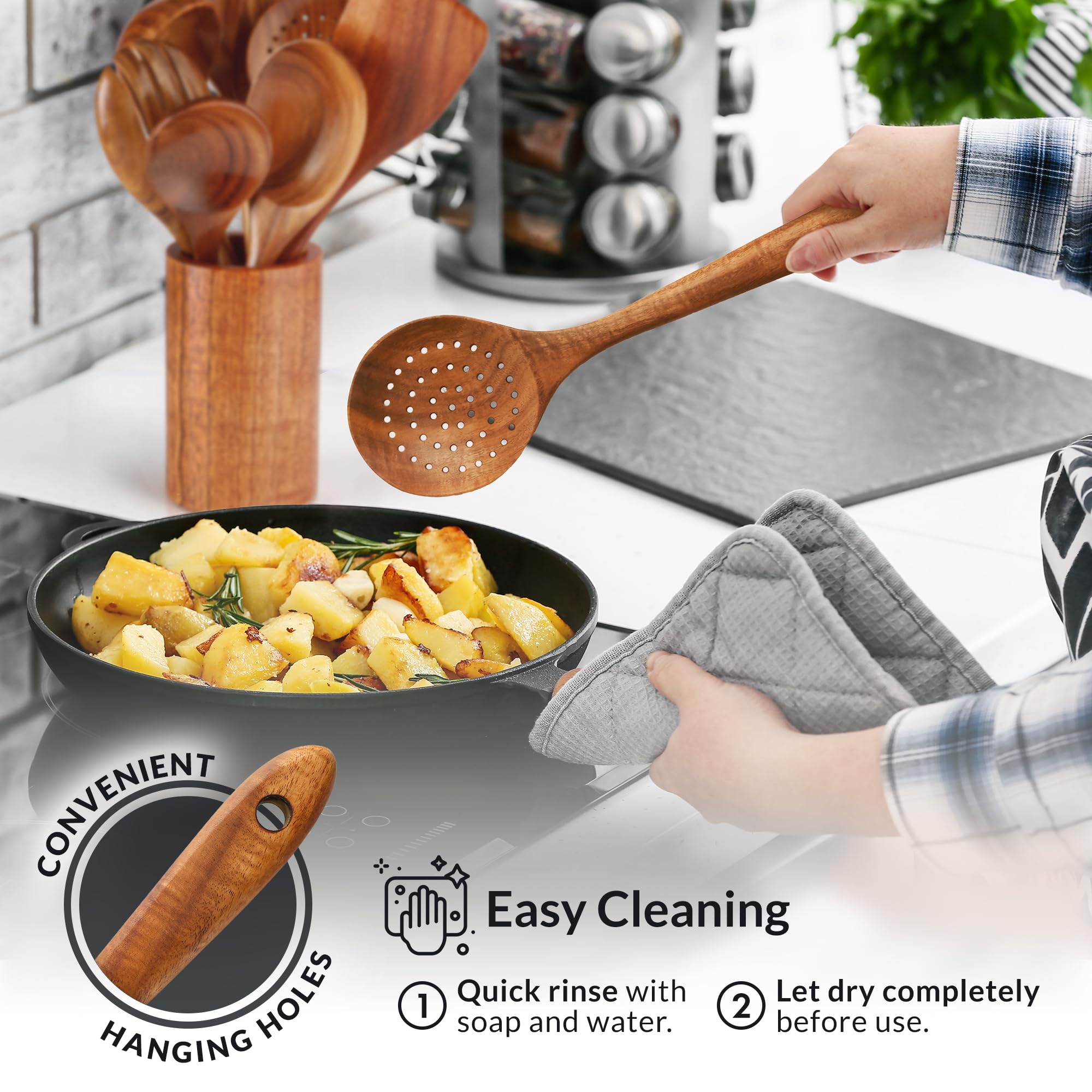 Zulay Kitchen teak wooden ladle pours soups with balanced, smooth flow