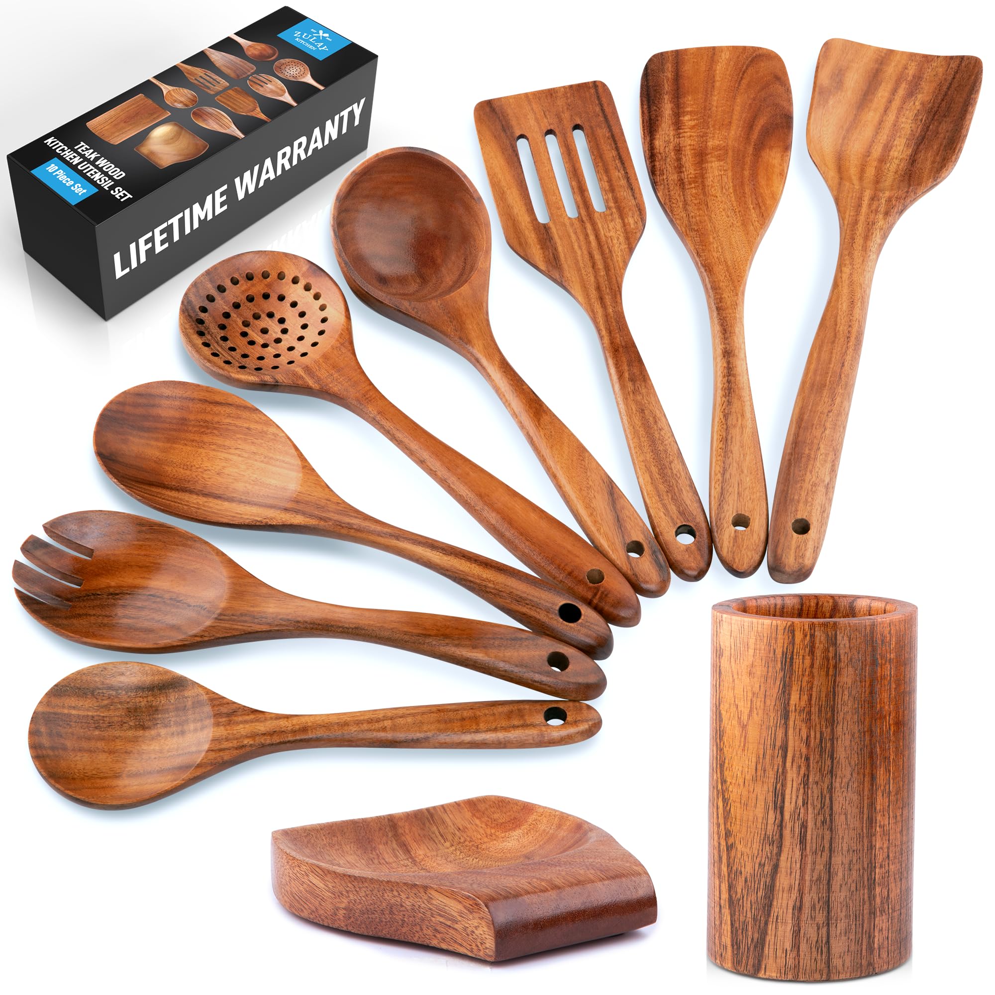 Zulay Kitchen teak wooden salad spoon showcases durable, non-stick friendly design for tossing greens