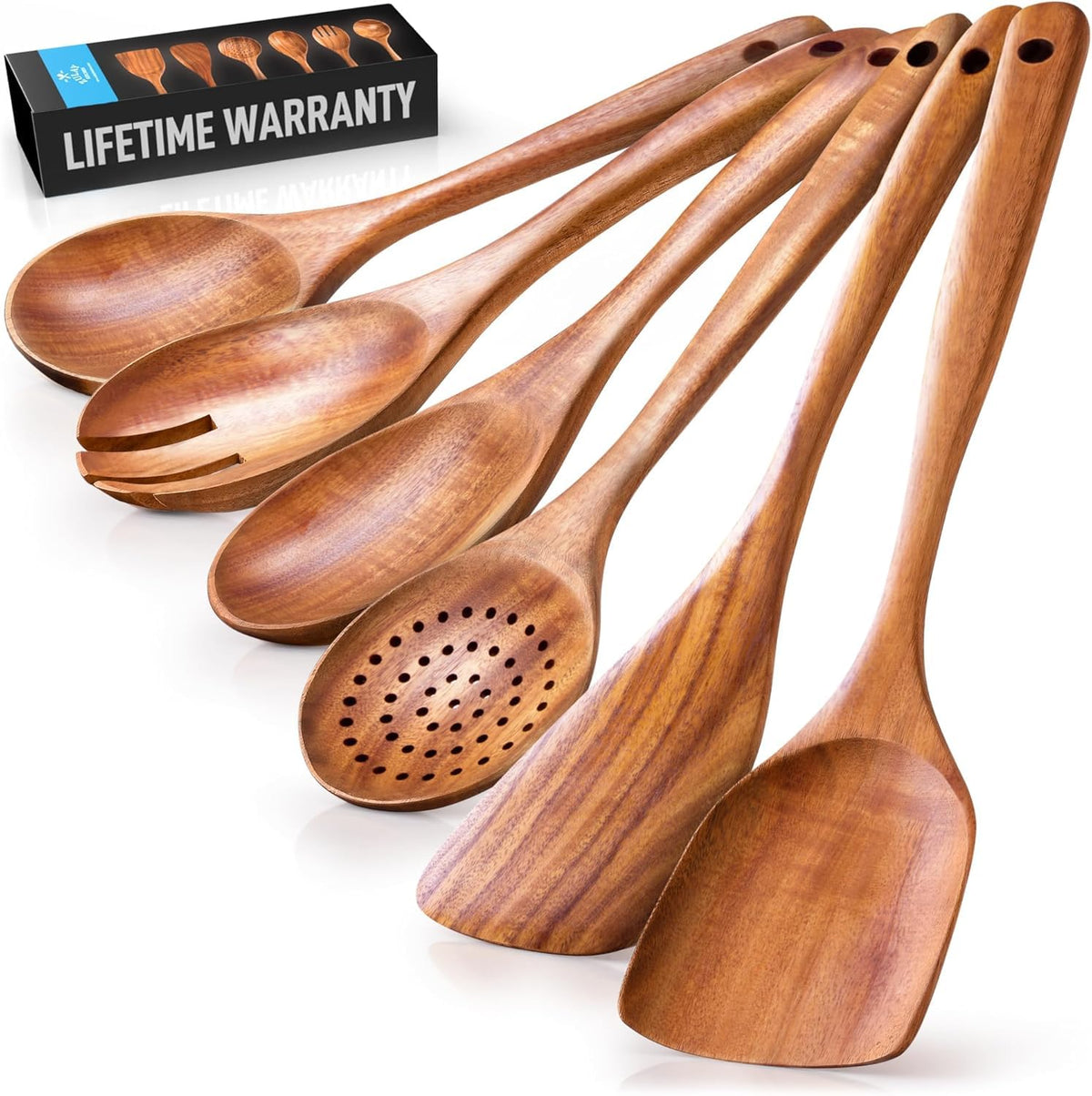 Zulay Kitchen teak salad spoon in use for tossing greens with nonstick protection