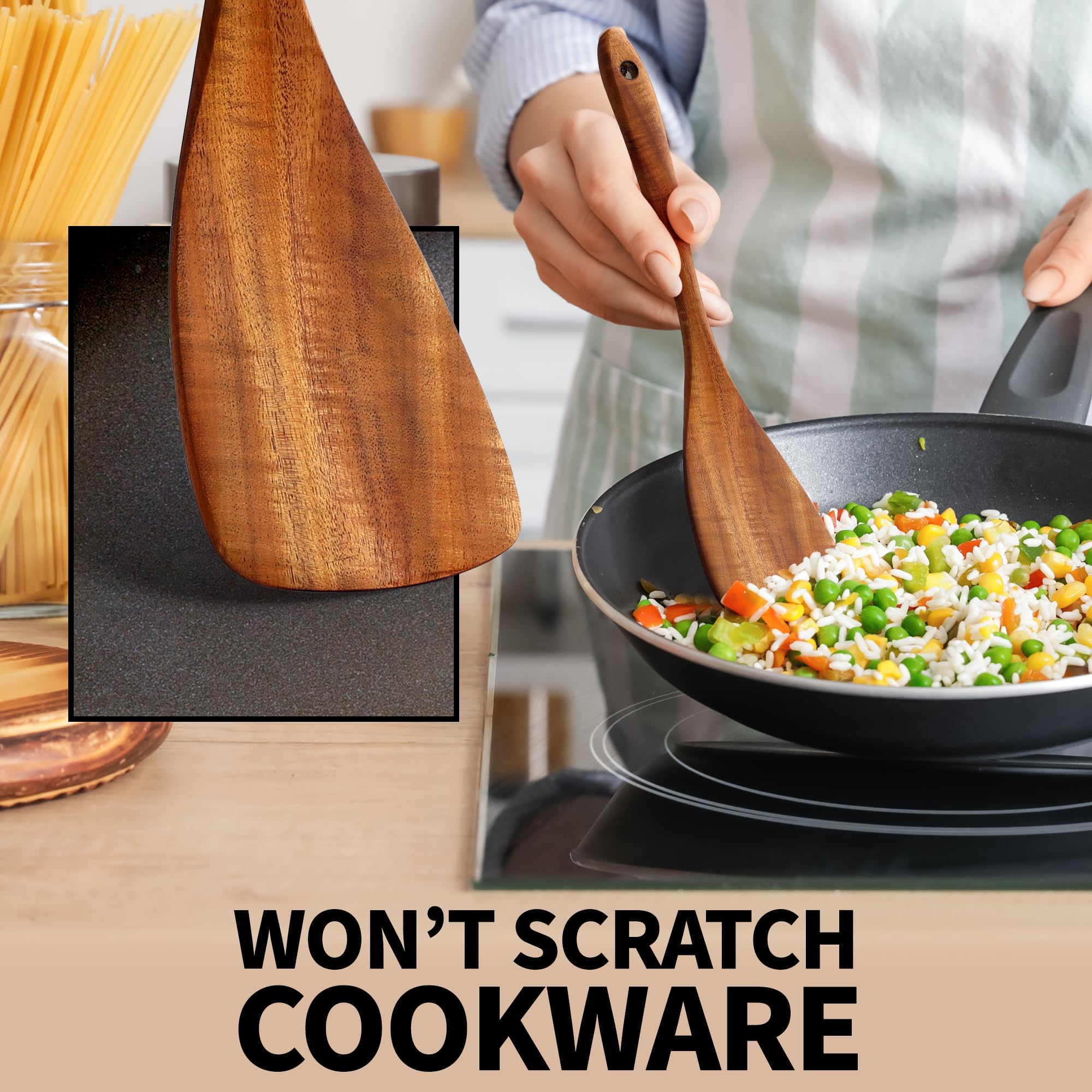 Zulay Kitchen teak skimmer lifting fried foods without scratching cookware