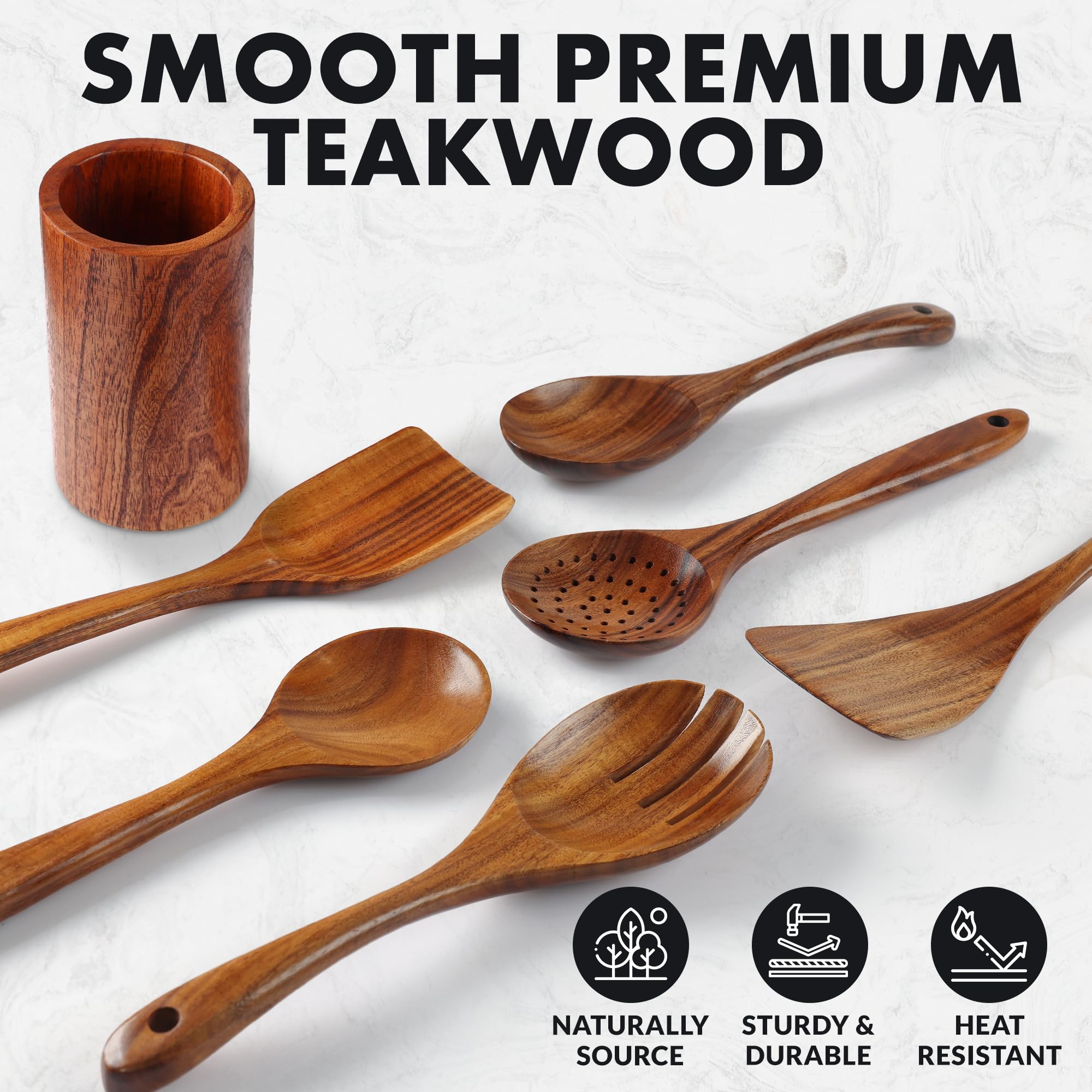 Zulay Kitchen teak woodgrain close-up showing durable, heat-resistant design.