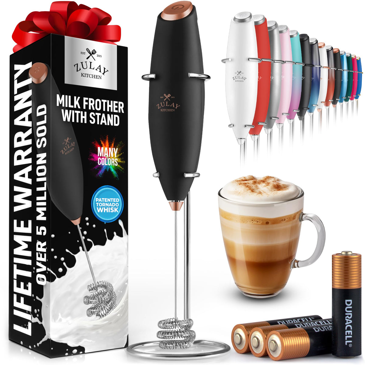 Zulay Kitchen Tornado frother assembly ready to foam rich milk.