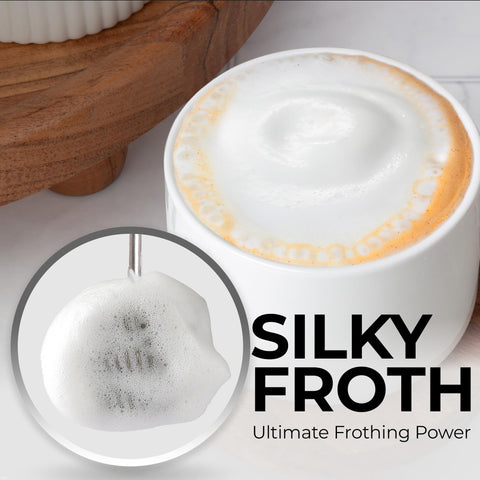 Zulay Kitchen Tornado frother producing latte foam for drinks.