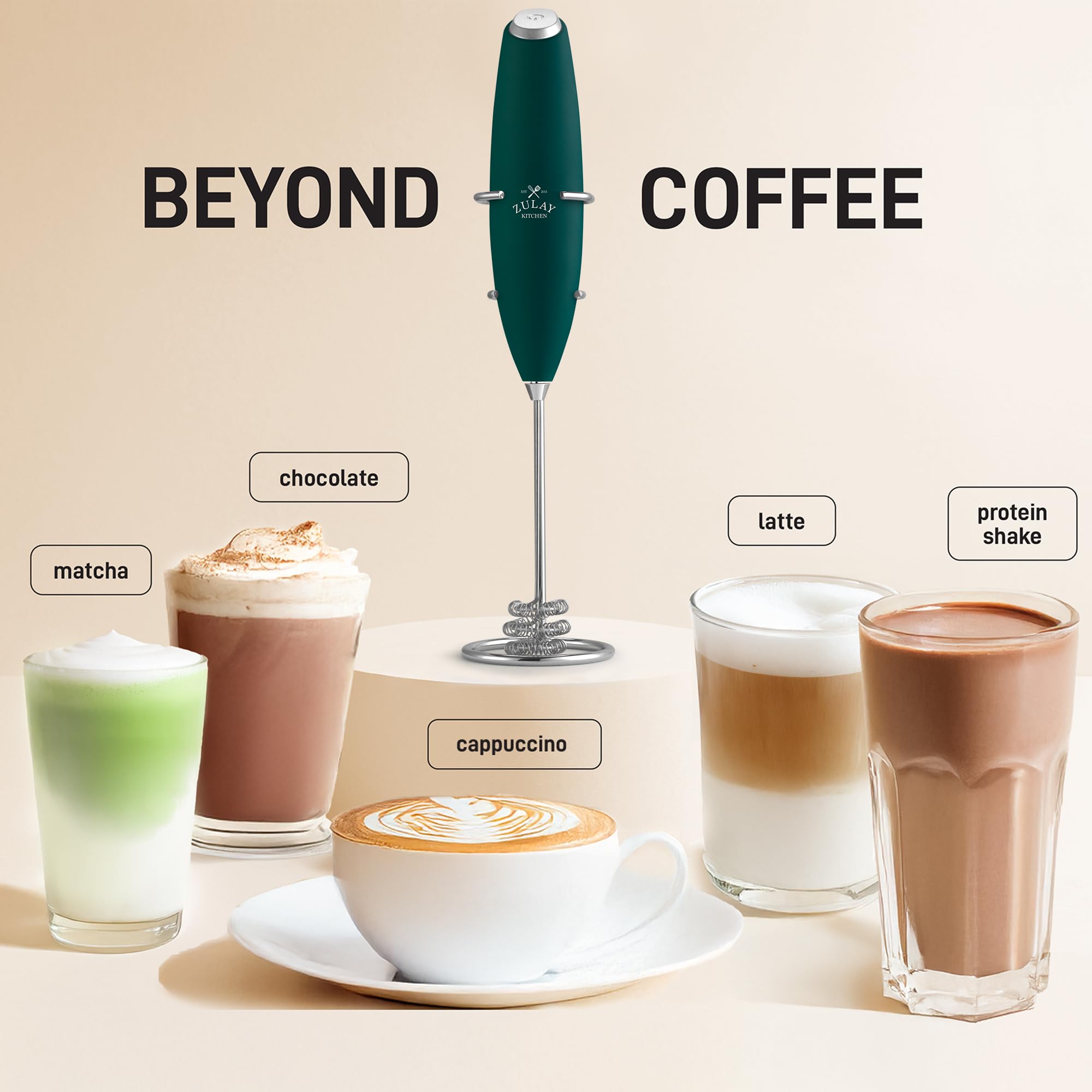 Zulay Kitchen Tornado frother creating latte foam with rich texture