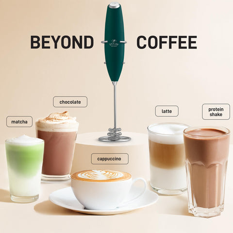 Zulay Kitchen Tornado frother creating latte foam with rich texture