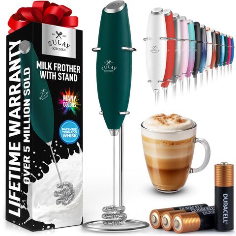 Zulay Kitchen Tornado frother close-up showing handle for quick creamy foam