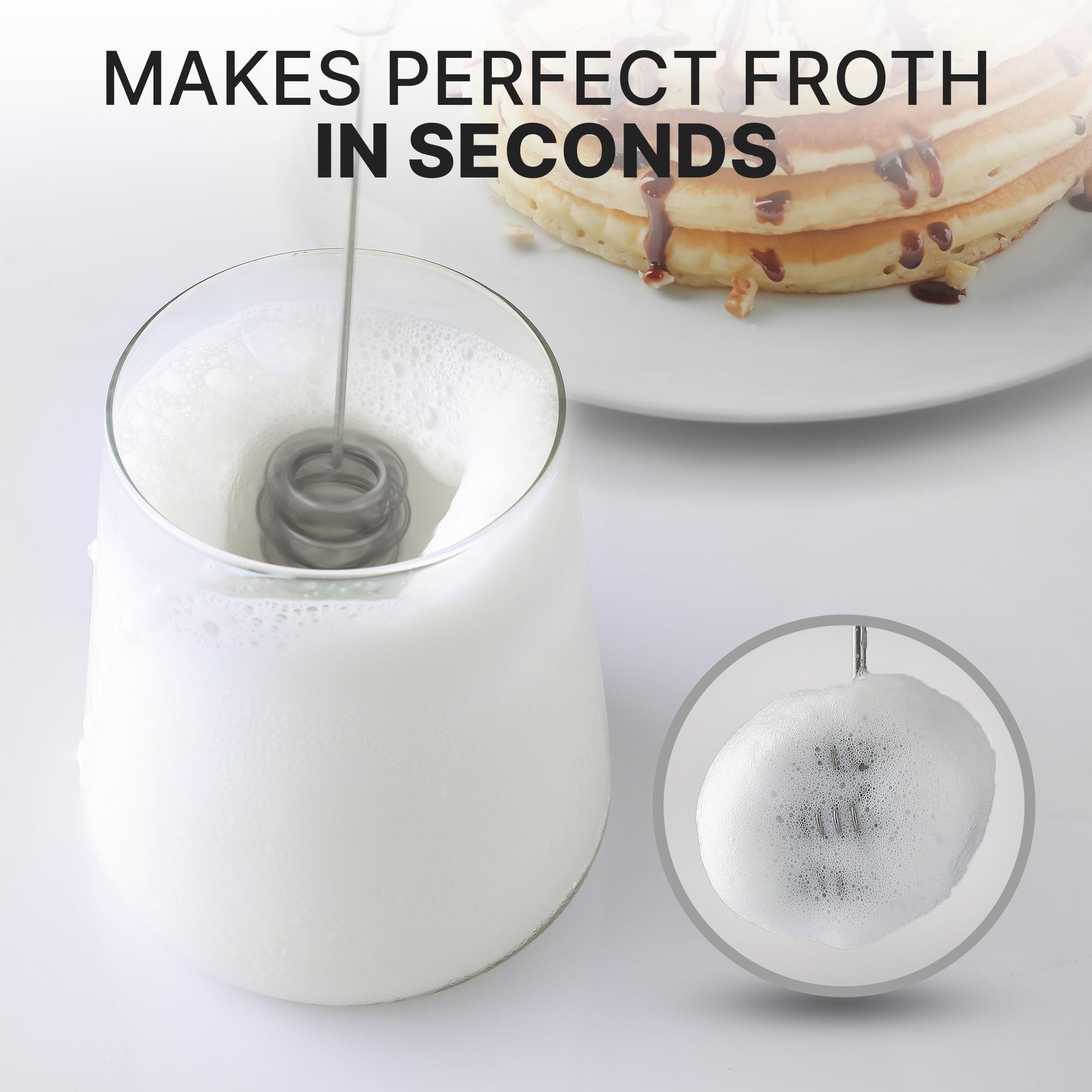 Zulay Kitchen Tornado whisk frother in use atop a coffee for cafe-style foam