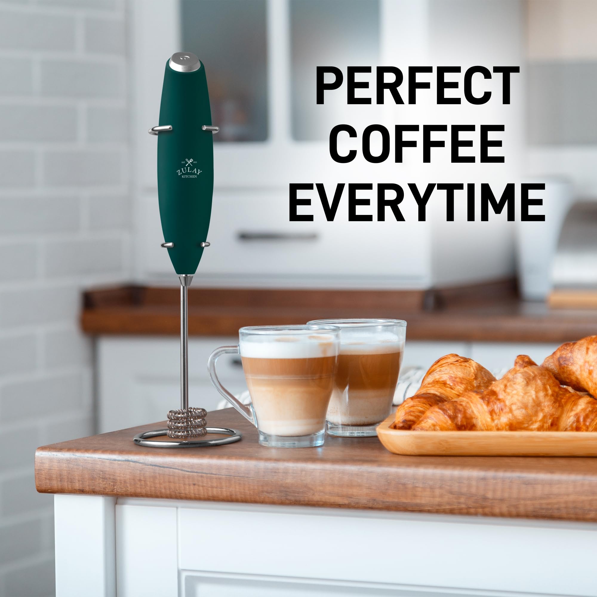 Zulay Kitchen Tornado frother packaging with batteries and stand included