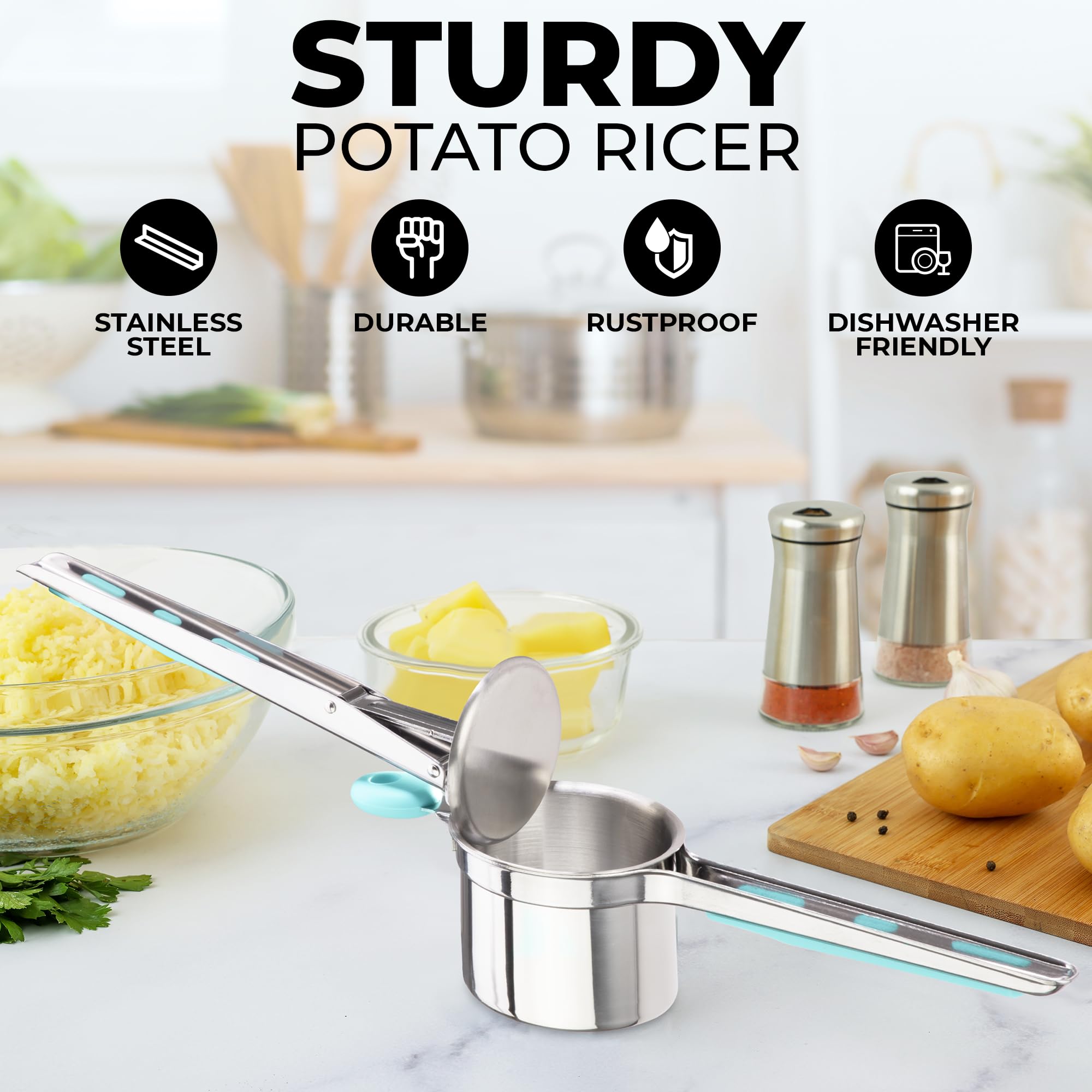 Zulay Kitchen turquoise handle ricer offers comfortable grip during pressing.