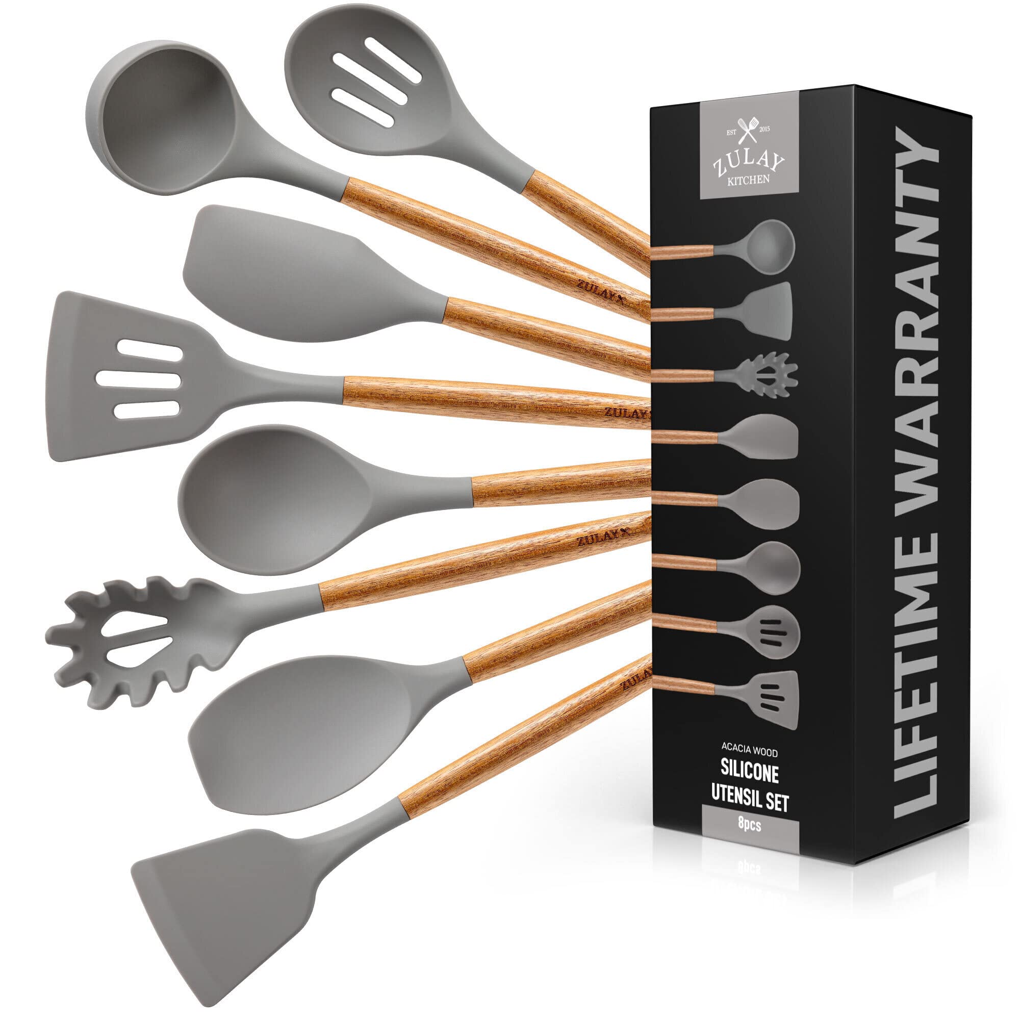 Zulay Kitchen utensils set with non-stick silicone heads for safe cookware use.
