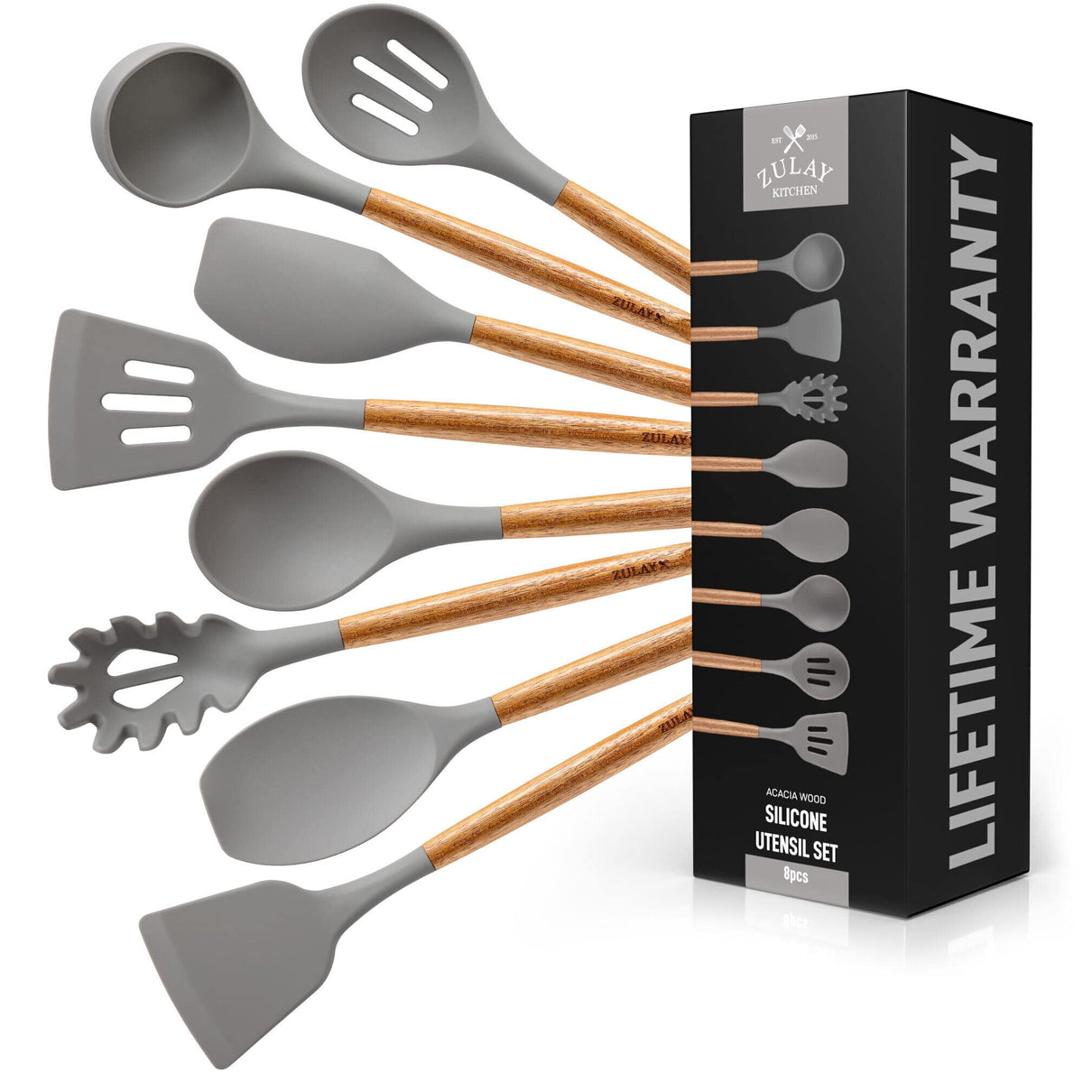 Zulay Kitchen utensils set with non-stick silicone heads for safe cookware use.