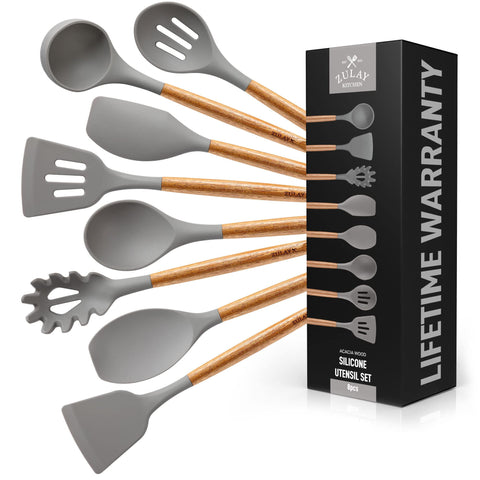 Zulay Kitchen utensils set with non-stick silicone heads for safe cookware use.