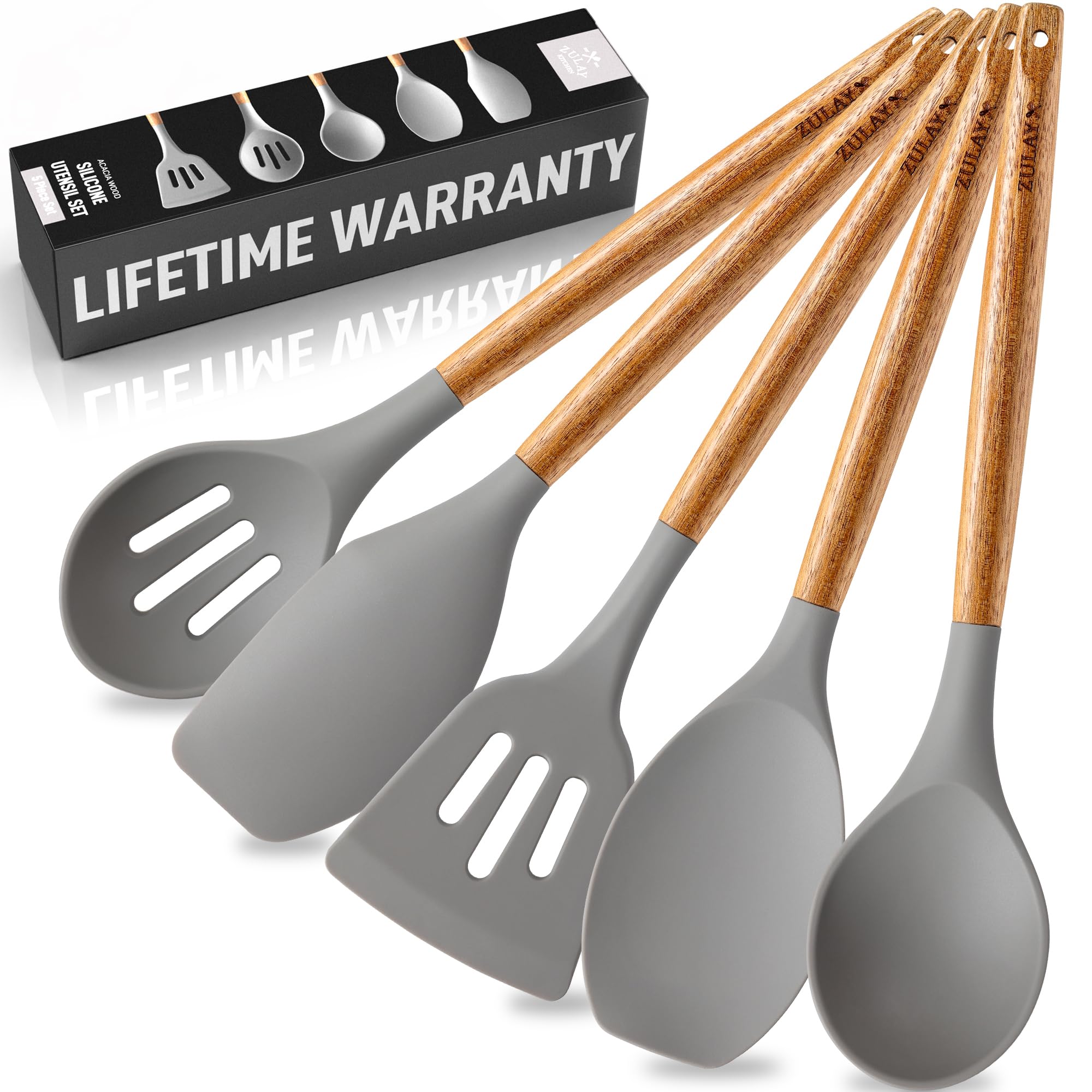 Zulay Kitchen utensils set overview: non-stick safe, 5-piece design for everyday cooking.