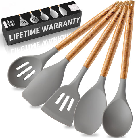 Zulay Kitchen utensils set overview: non-stick safe, 5-piece design for everyday cooking.