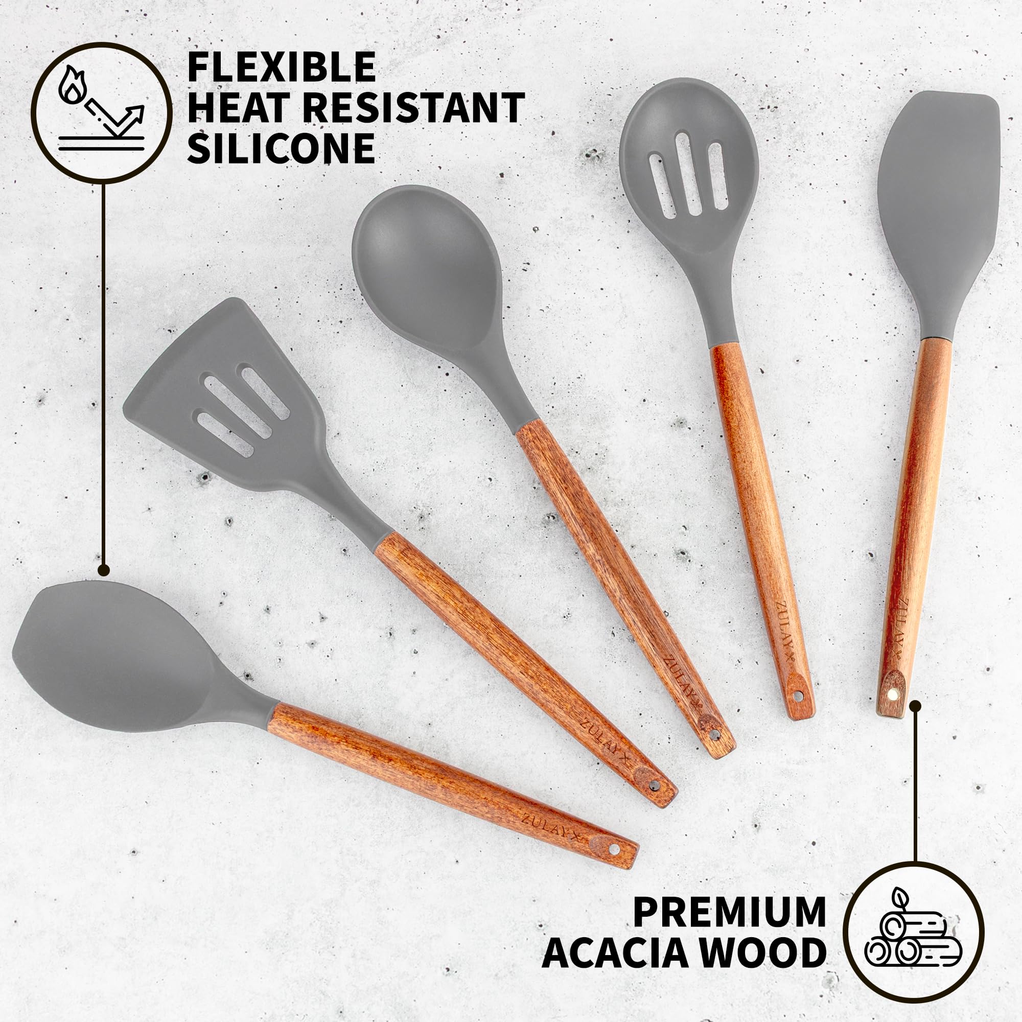 Zulay Kitchen silicone spatula: heat-resistant silicone protects non-stick pans during stirring.