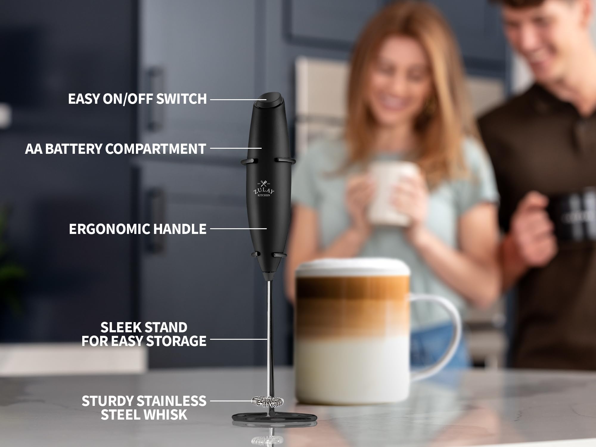 Zulay compact stand keeps the frother upright and counter tidy