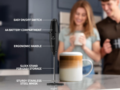 Zulay compact stand keeps the frother upright and counter tidy