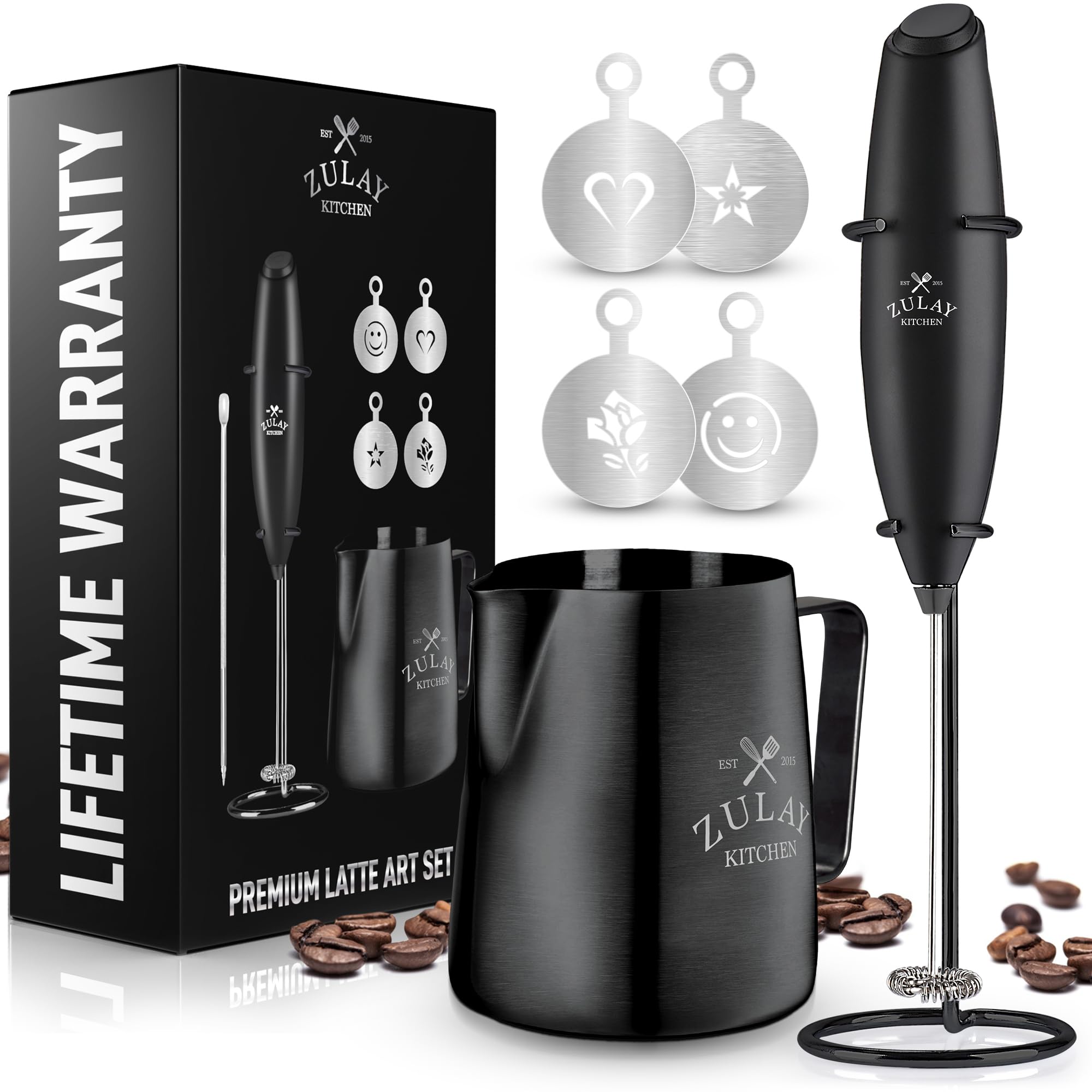 Zulay milk frother set with stand for quick, silky foam at home