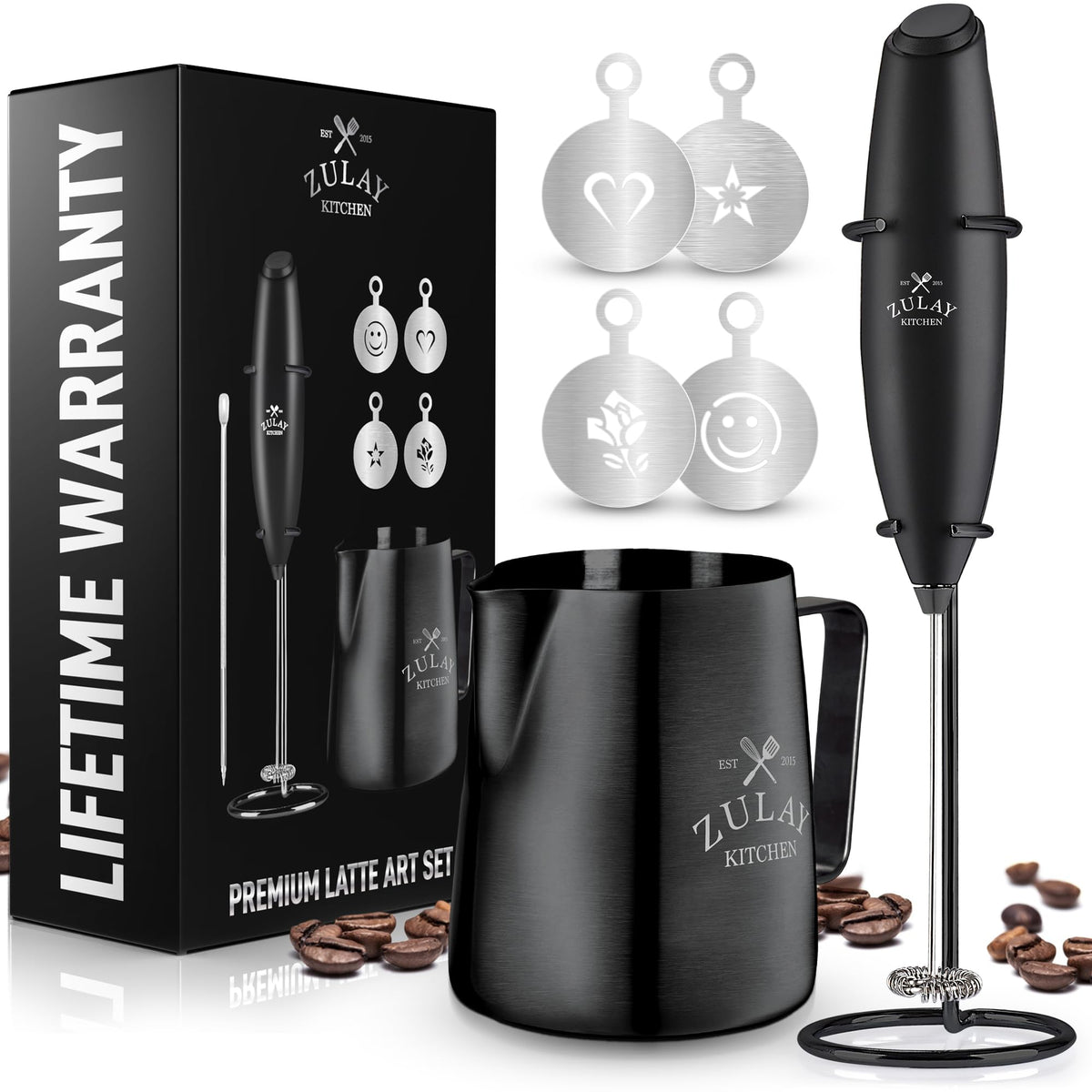 Zulay milk frother set with stand for quick, silky foam at home
