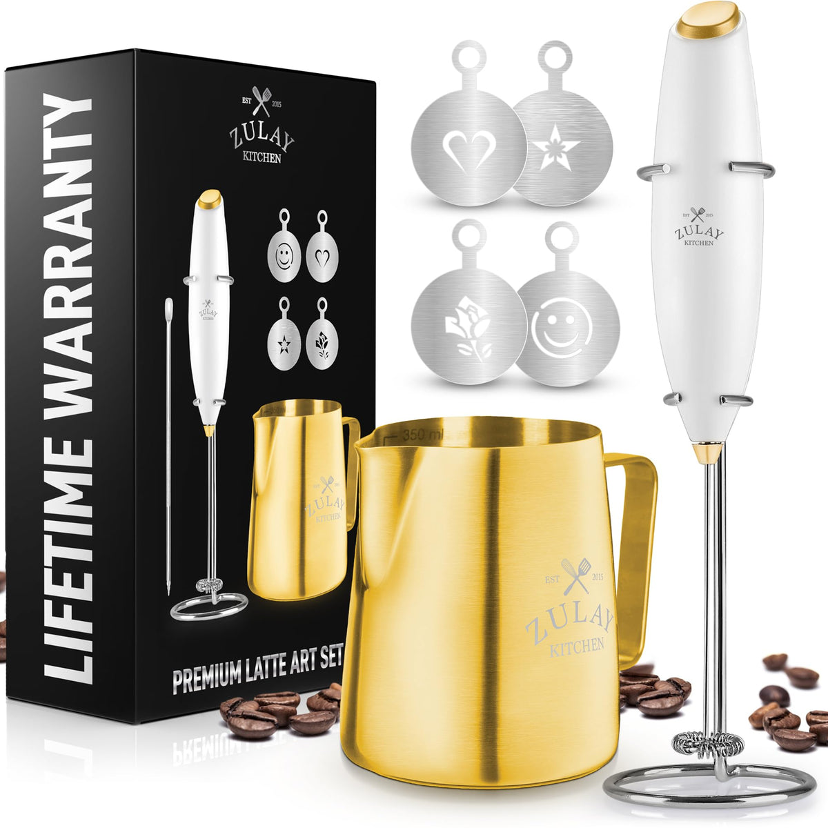 Zulay Kitchen premium milk frother set with stand for organized counter space.