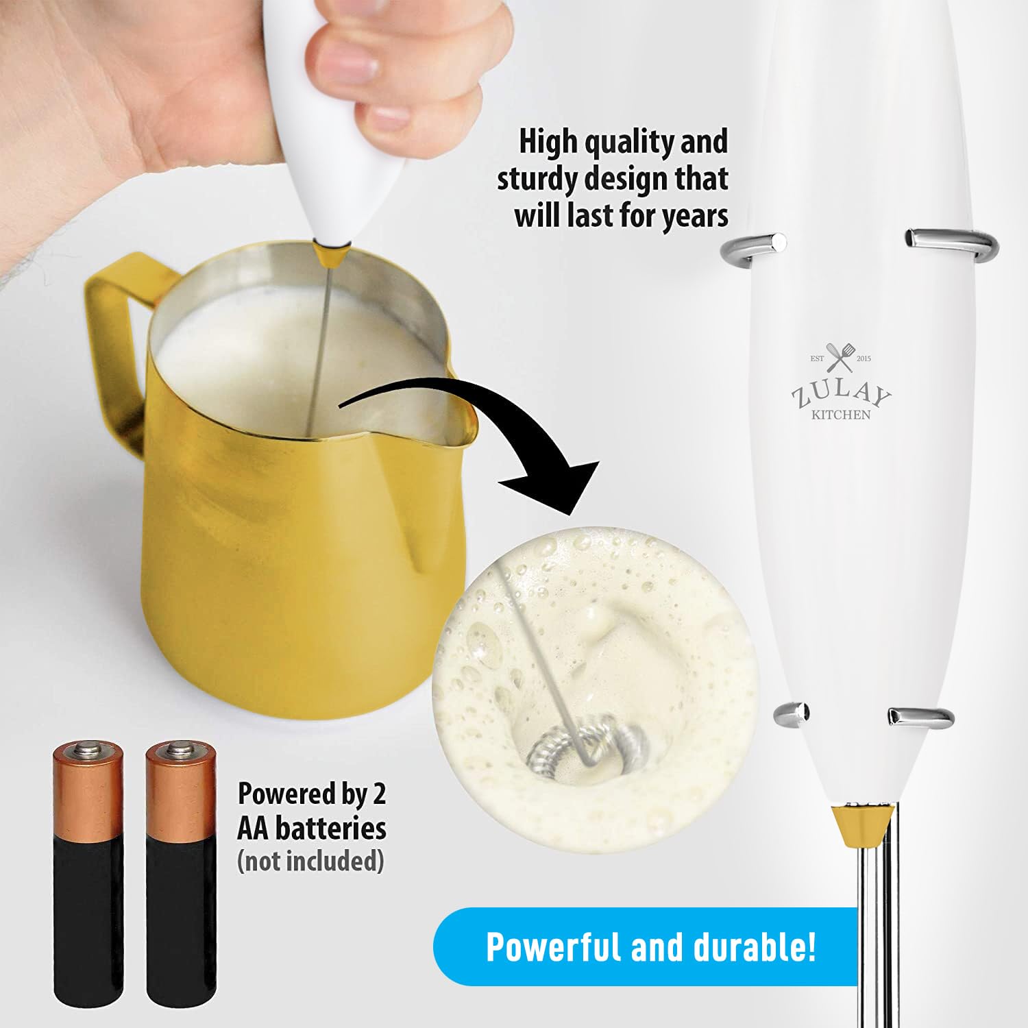 Zulay stand keeps the frother upright, reducing countertop mess.