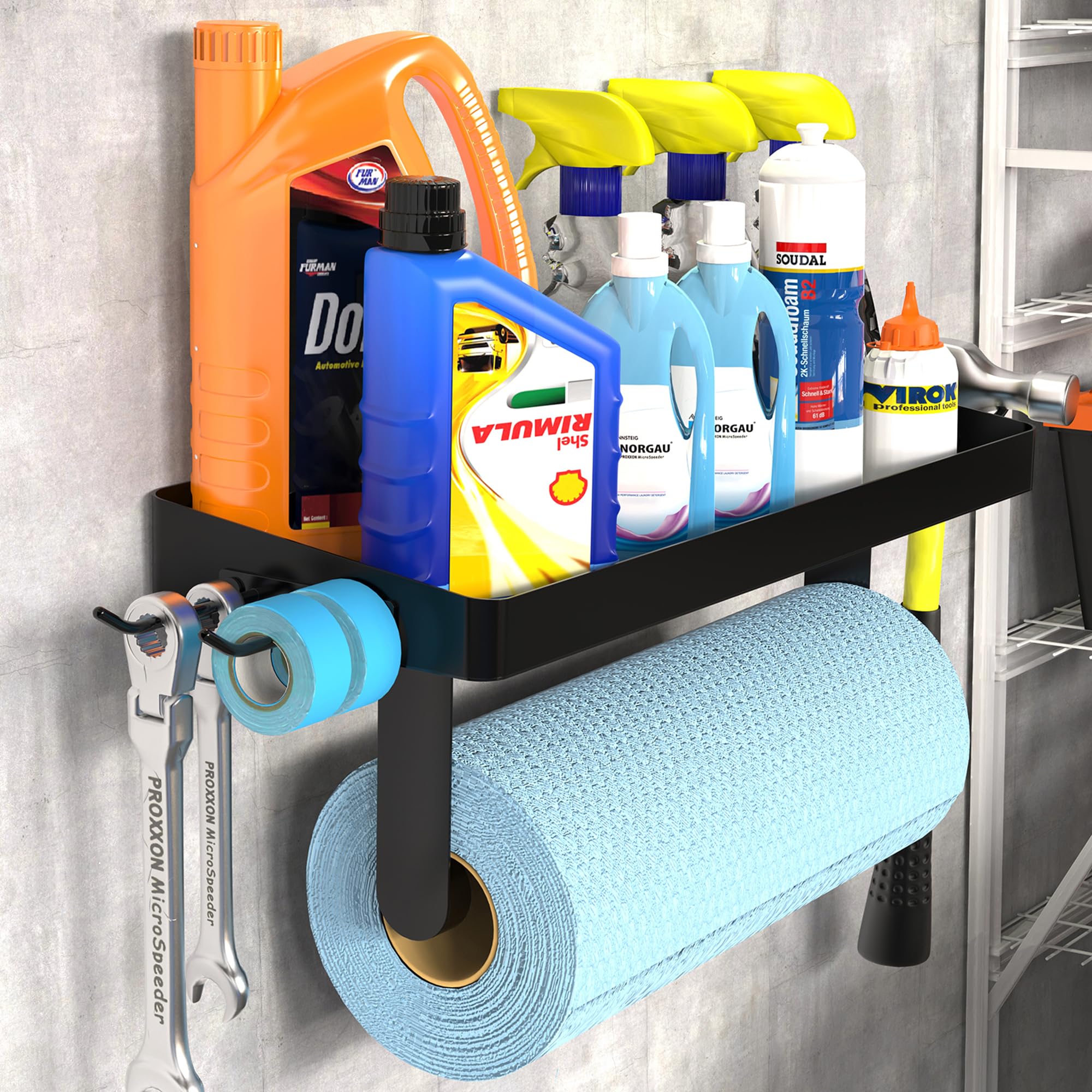 ZUNTO garage paper towel holder with shelf for organized workshop storage.
