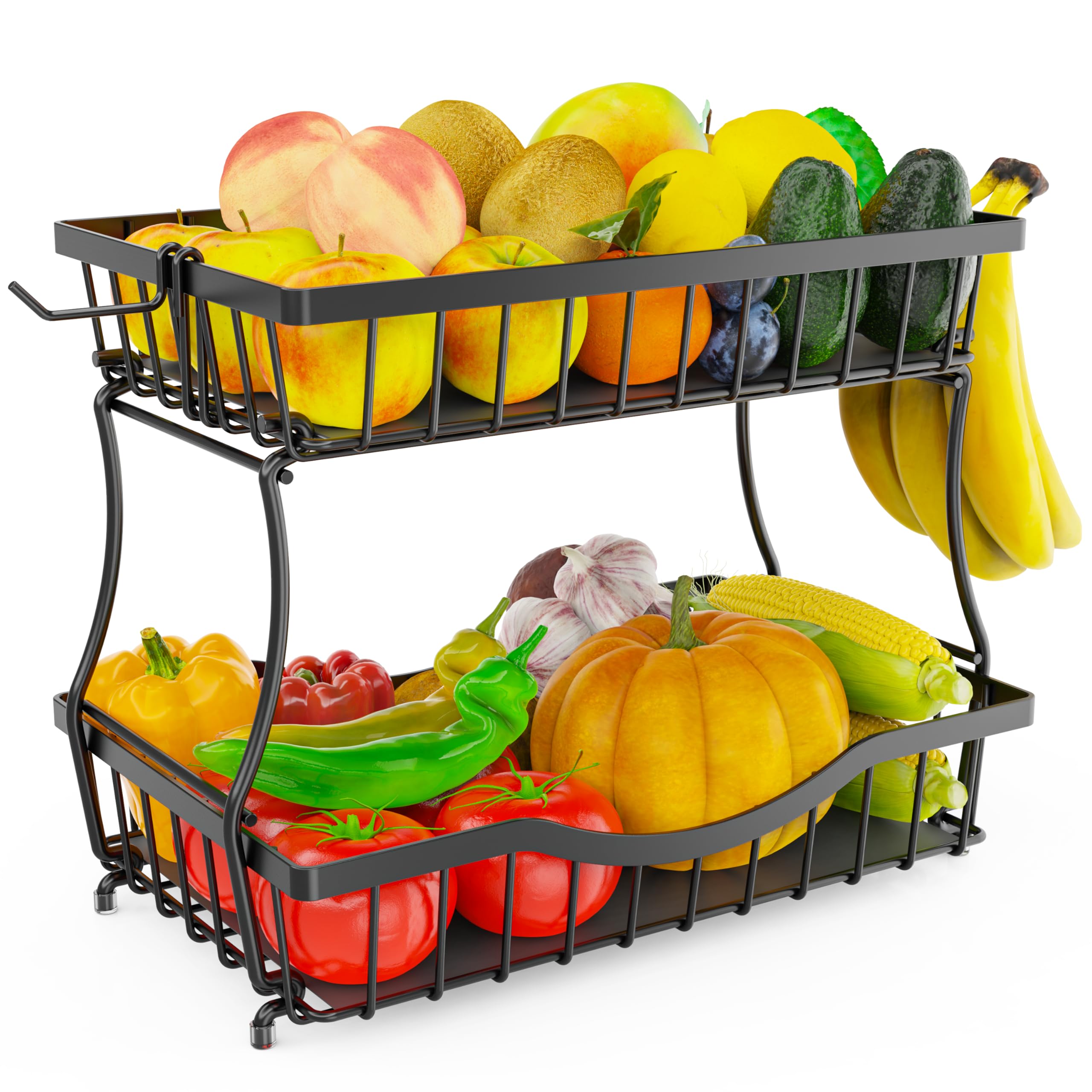 Zurklulu large 2-tier fruit basket with banana hangers keeps counter fruit organized.