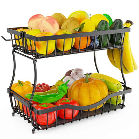Zurklulu large 2-tier fruit basket with banana hangers keeps counter fruit organized.