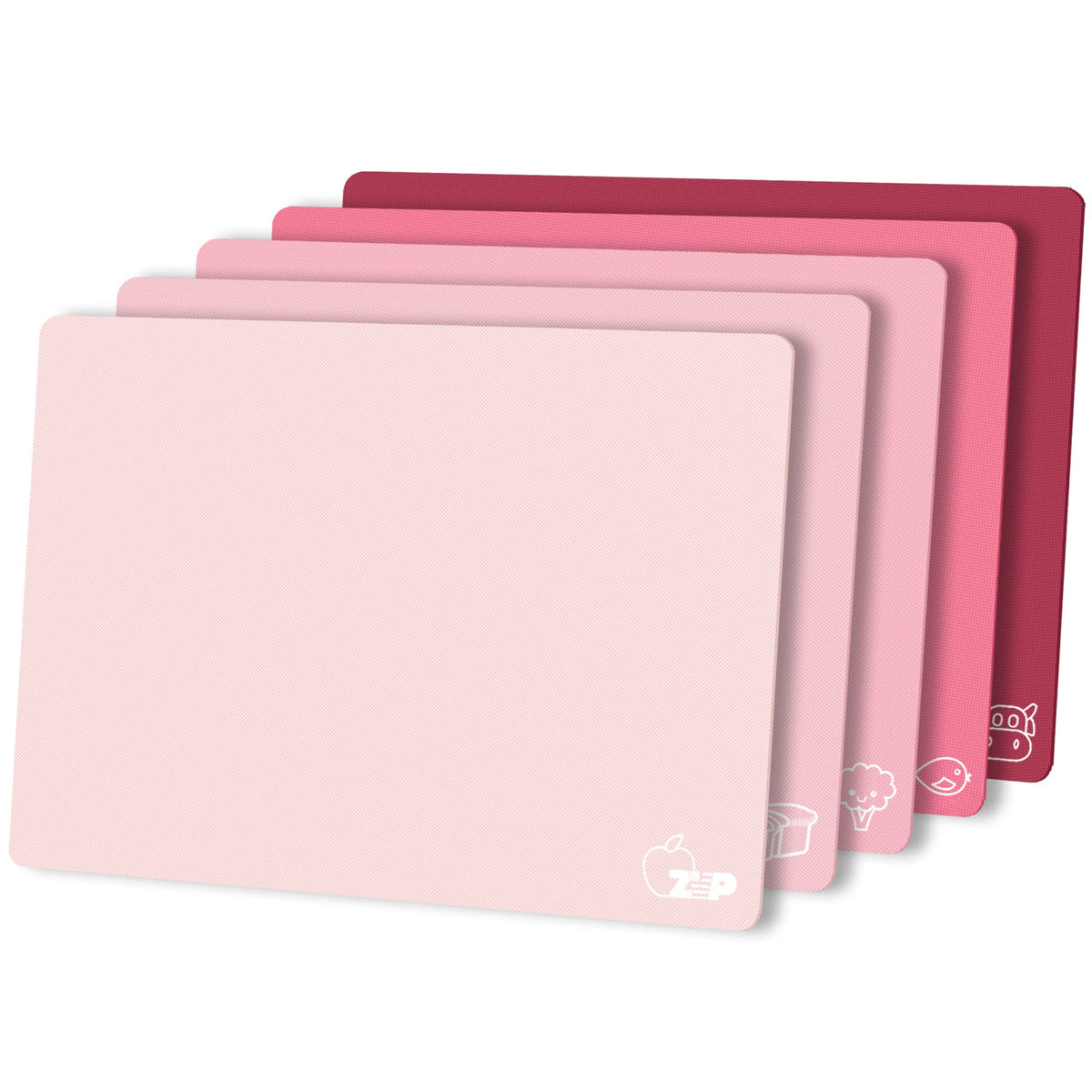 ZVP gradient pink cutting boards set with food icons for organized prep.