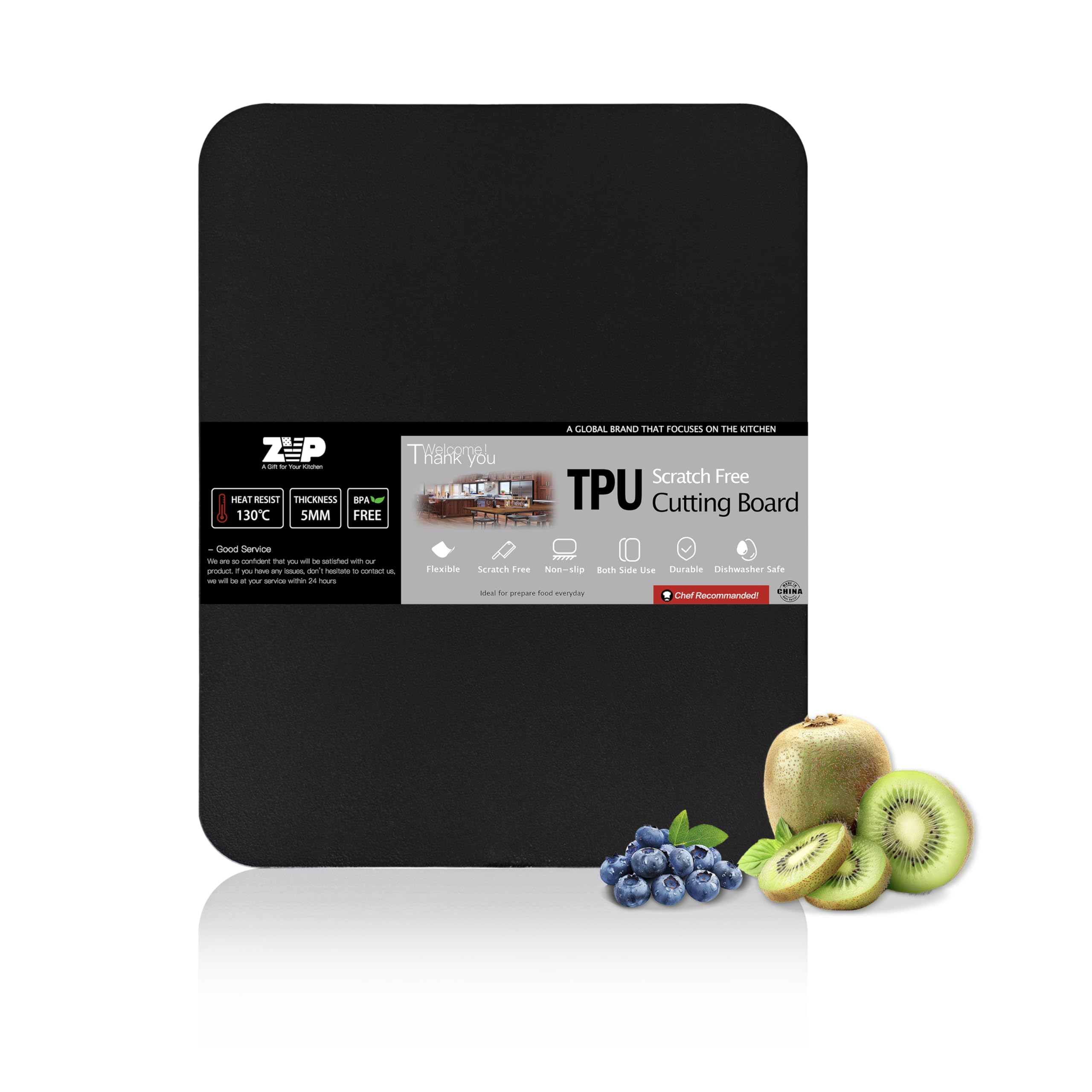 ZVP Thick TPU cutting board mat with knife-friendly edge for safer slicing.
