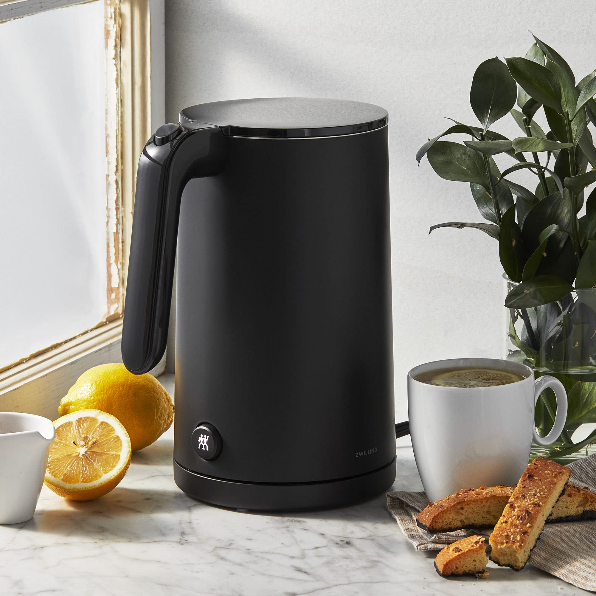 ZWILLING Enfinigy double-walled body keeps water hot while exterior stays cool.