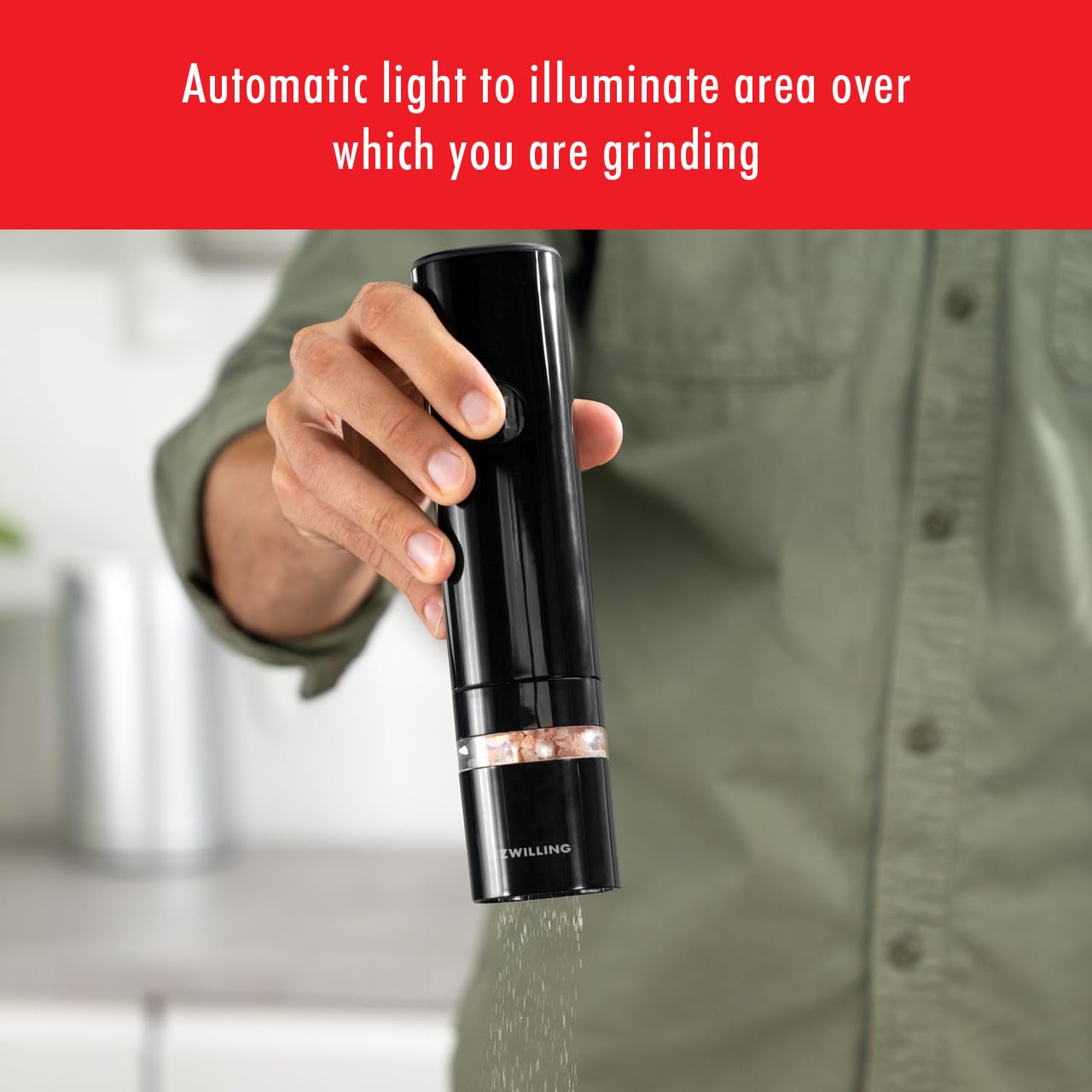ZWILLING Enfinigy 360° window displays spice level for easy refilling at a glance.