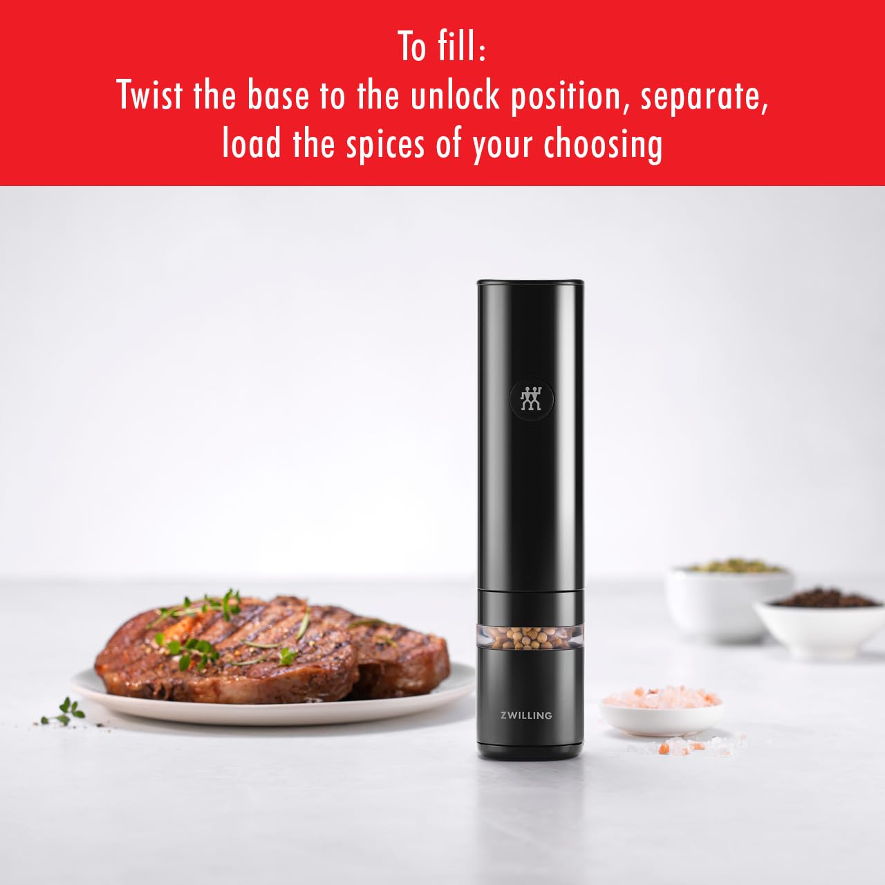 ZWILLING Enfinigy twist-to-fill base shown for quick spice loading.