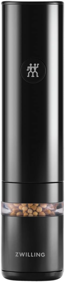 ZWILLING Enfinigy electric salt and pepper mill in black, front view for easy one-handed seasoning at the table.