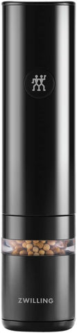 ZWILLING Enfinigy electric salt and pepper mill in black, front view for easy one-handed seasoning at the table.