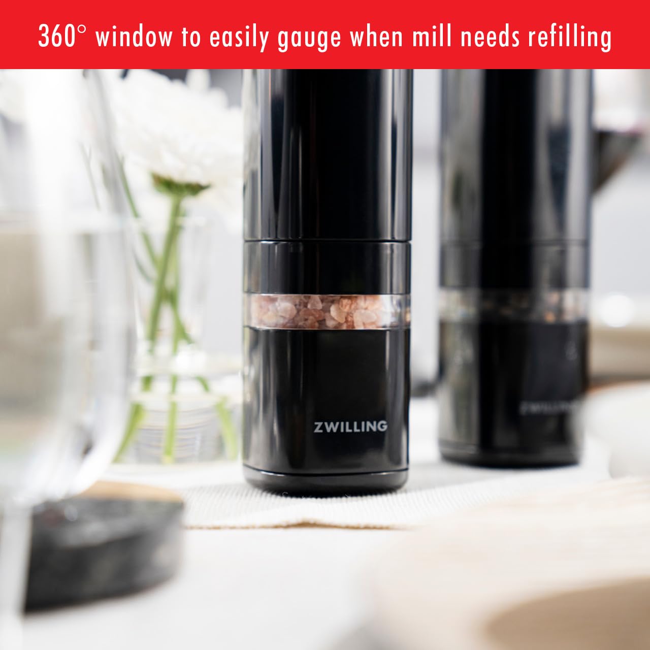 ZWILLING Enfinigy rechargeable mill with USB cable for cordless kitchen use.